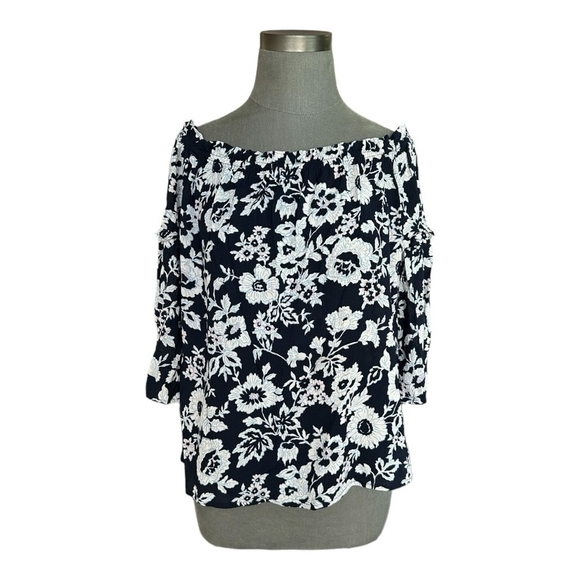LOFT Navy Blue Floral Print Off Shoulder Blouse Bell Sleeve Ruffled Women’s Top - Picture 2 of 6